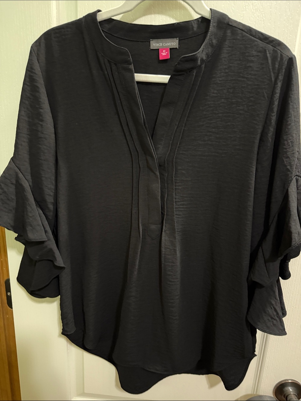 Vince Camuto Black Ruffle-Sleeve Split-Neck Blouse